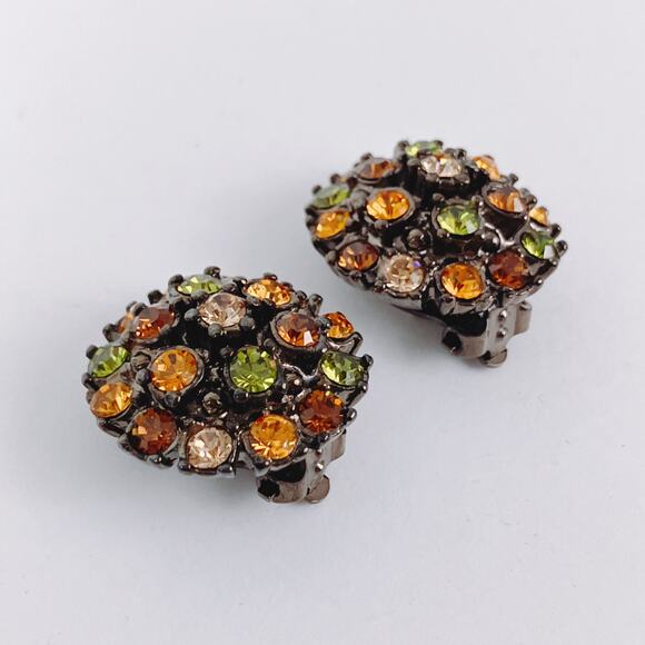 Joan Rivers Gun Metal Rhinestone Cluster Clip On Earrings Warm Fall Colors - Picture 5 of 12